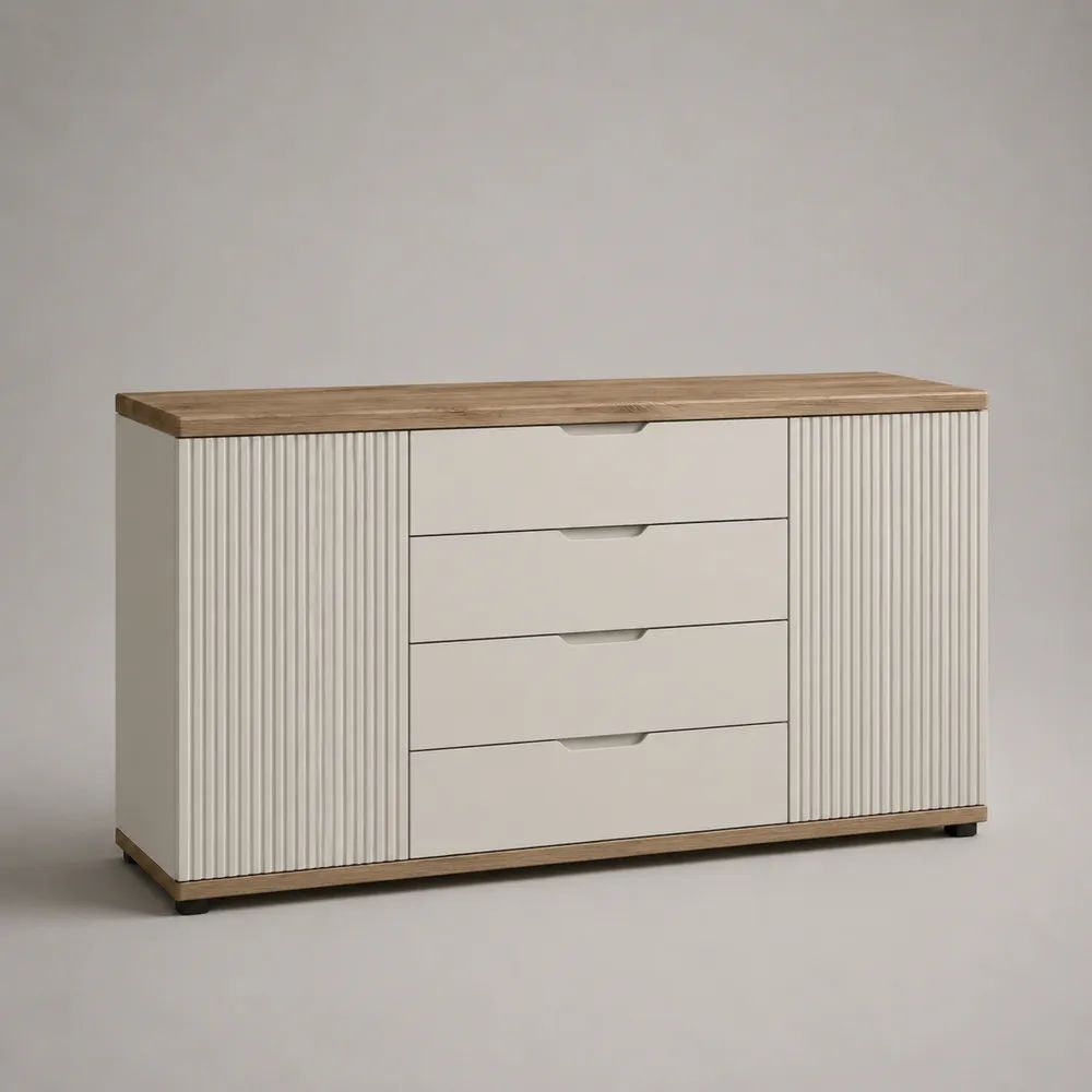 Credenza buffet bianca e rovere in MDF e pannello truciolare con 2 ante scanalate e 4 cassetti, 140 x 40 x 80 cm