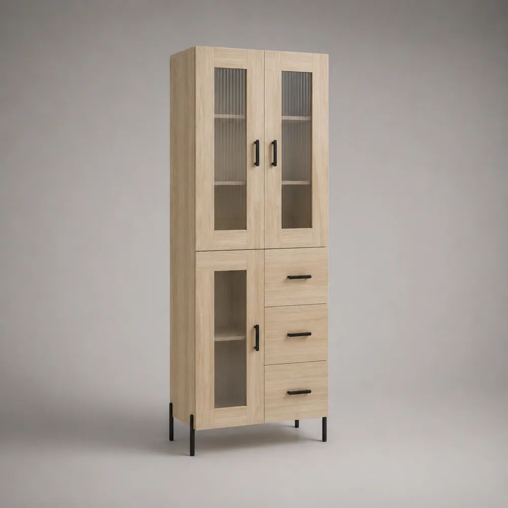 Credenza vetrina rettangolare da interno con 3 ante e 3 cassetti in legno, metallo e vetro, rovere chiaro, nero e grigio fumé, 80 × 40 × 180 cm