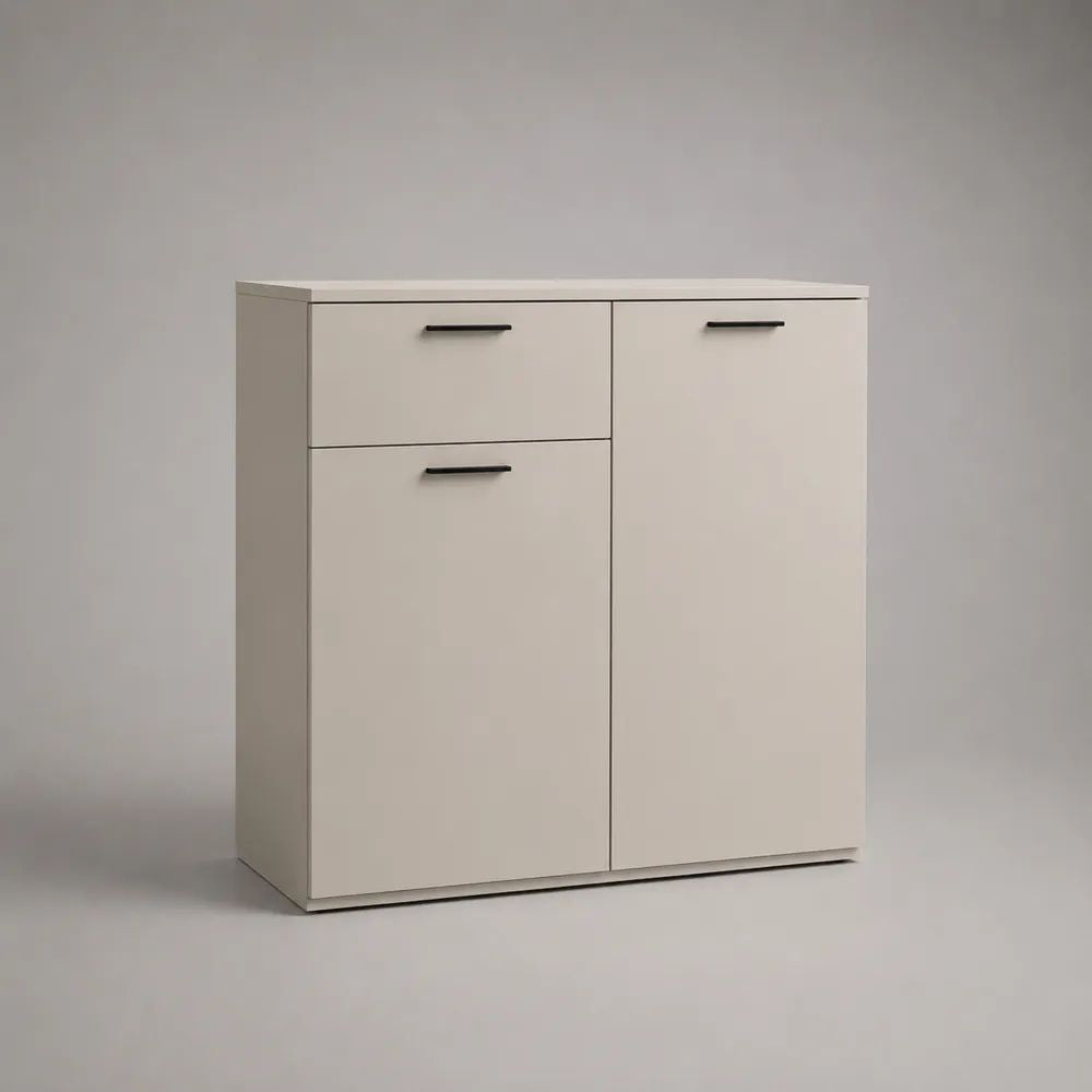 Credenza contenitore in pannello truciolare melaminico beige con maniglie nere, 2 ante e 1 cassetto, 80 × 35 × 85 cm