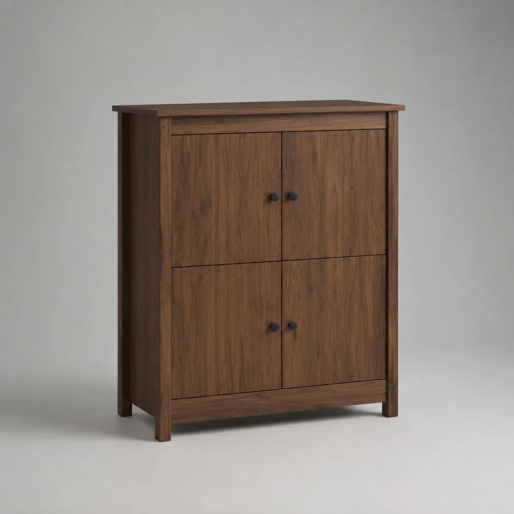 Credenza alta rettangolare in legno a 4 ante, marrone noce e nero, 90 × 35 × 110 cm
