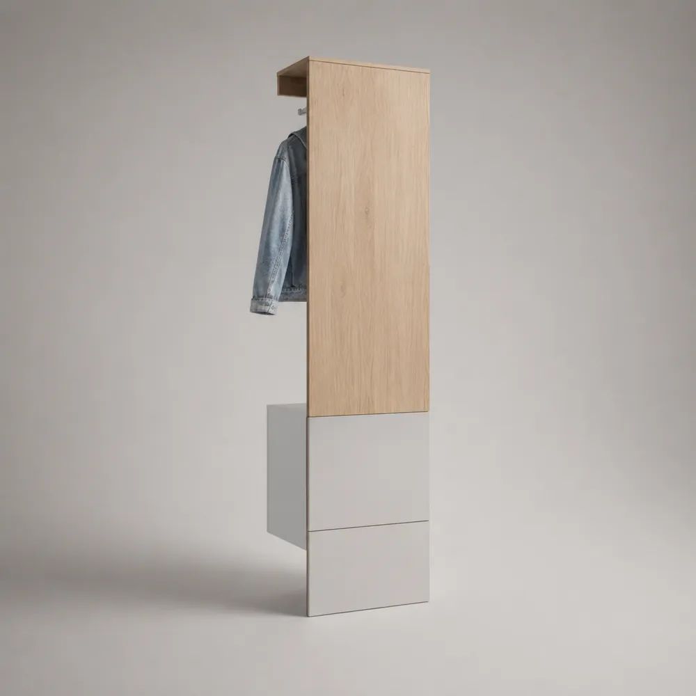 Mobile da ingresso appendiabiti con contenitore in MDF rovere chiaro e bianco opaco, 50 x 35 x 180 cm