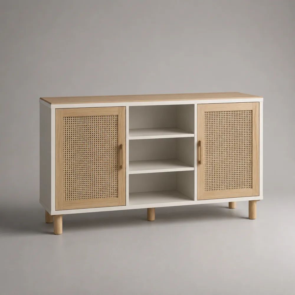 Credenza rettangolare in MDF e rattan con 2 ante e 3 vani, bianco e naturale, 120 x 40 x 80 cm