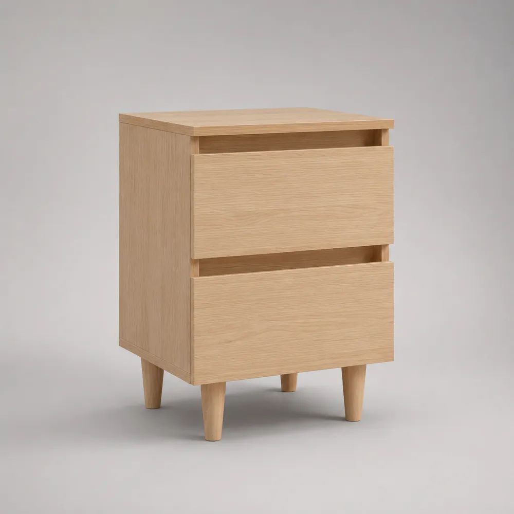 Comodino rettangolare in legno con 2 cassetti, effetto rovere naturale, 40 × 35 × 65 cm