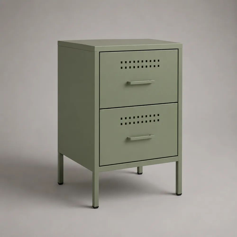 Comodino rettangolare in acciaio con 2 cassetti, verde oliva, 40 x 35 x 65 cm