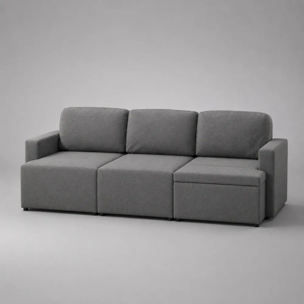 Divano modulare 3 posti in poliestere grigio con contenitore, 213 x 86 x 84 cm