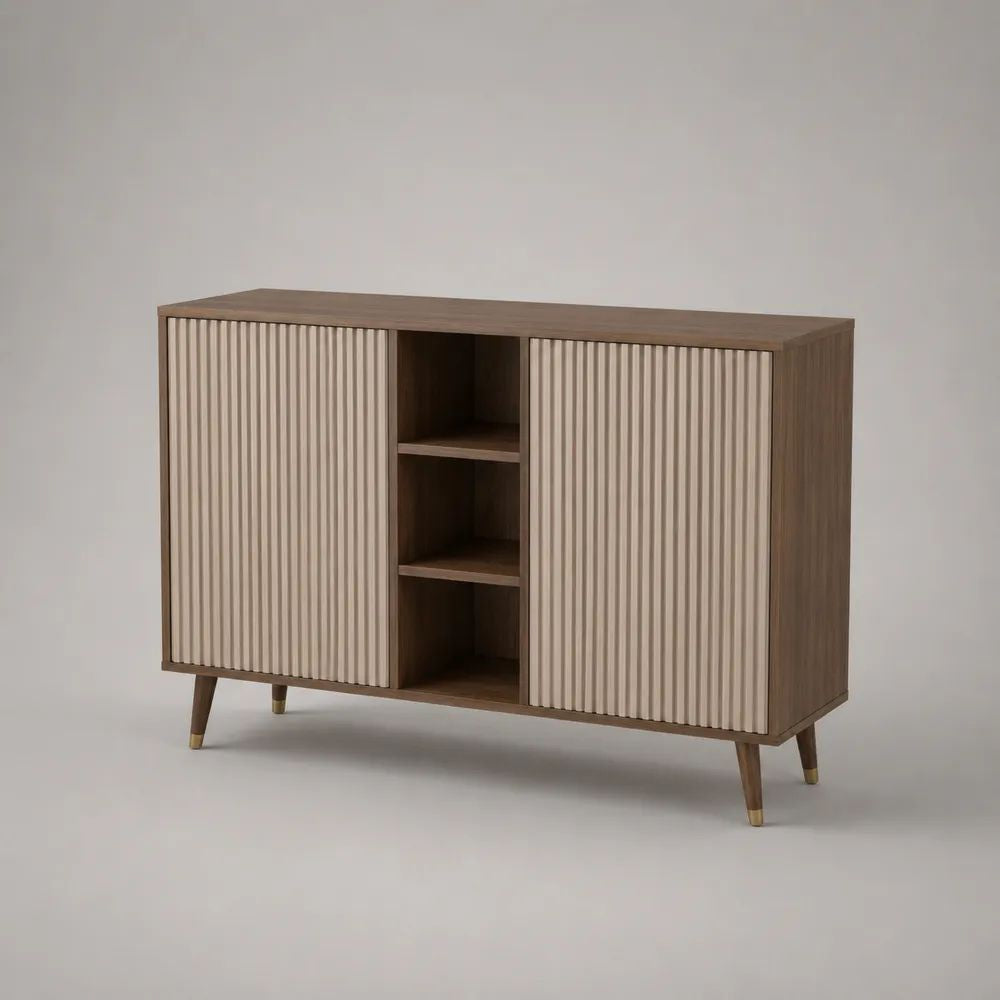 Credenza madia rettangolare in MDF e pannello truciolare con 2 ante scanalate e 3 vani aperti, marrone noce e beige, 120 x 40 x 85 cm