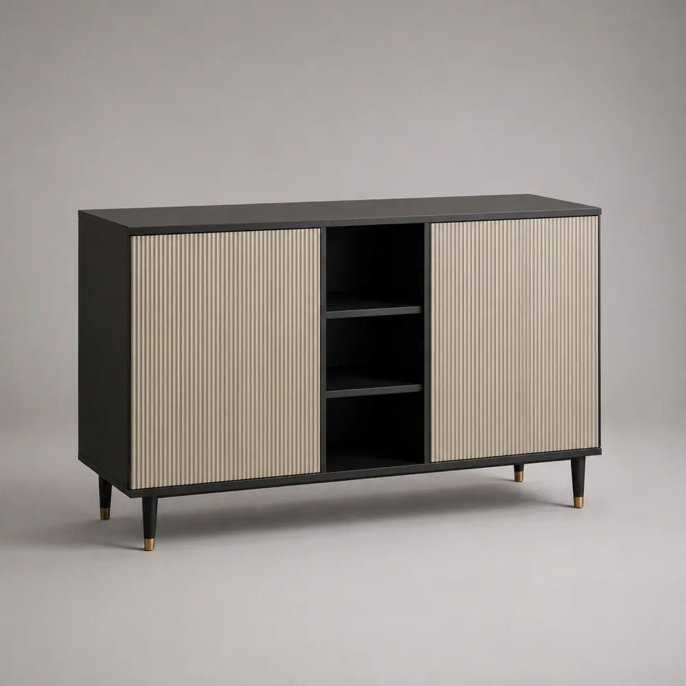 Credenza rettangolare con 2 ante scanalate e 3 vani, pannello truciolare melaminico e MDF, nero e beige, 120 x 40 x 80 cm