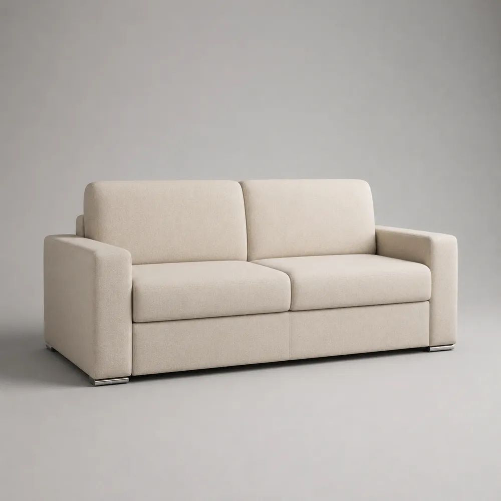 Divano imbottito a 2 posti in tessuto beige crema con piedini argento, 190 x 88 x 86 cm