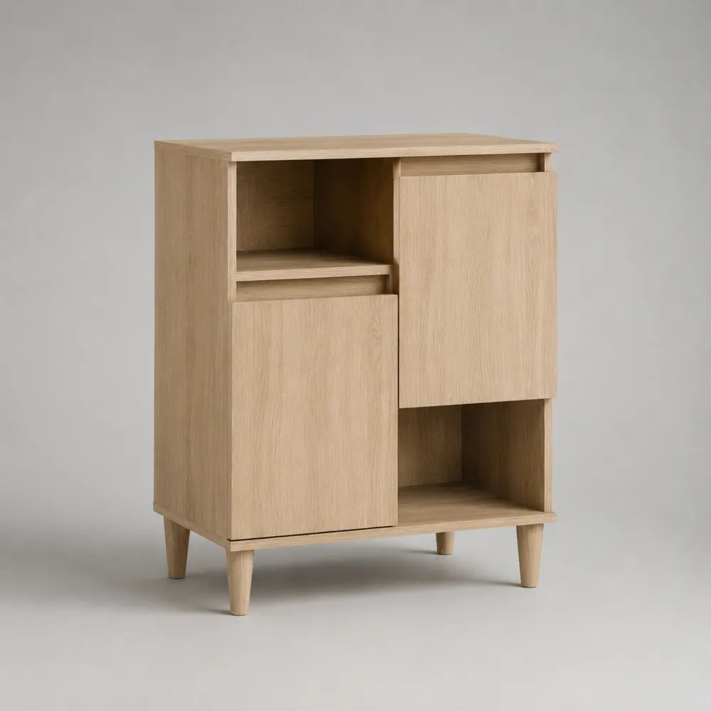 Credenza in truciolare melaminico effetto rovere chiaro con 2 ante e 2 vani aperti, 80 × 40 × 110 cm