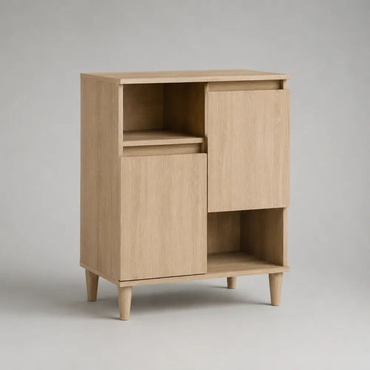 Credenza in truciolare melaminico effetto rovere chiaro con 2 ante e 2 vani aperti, 80 × 40 × 110 cm