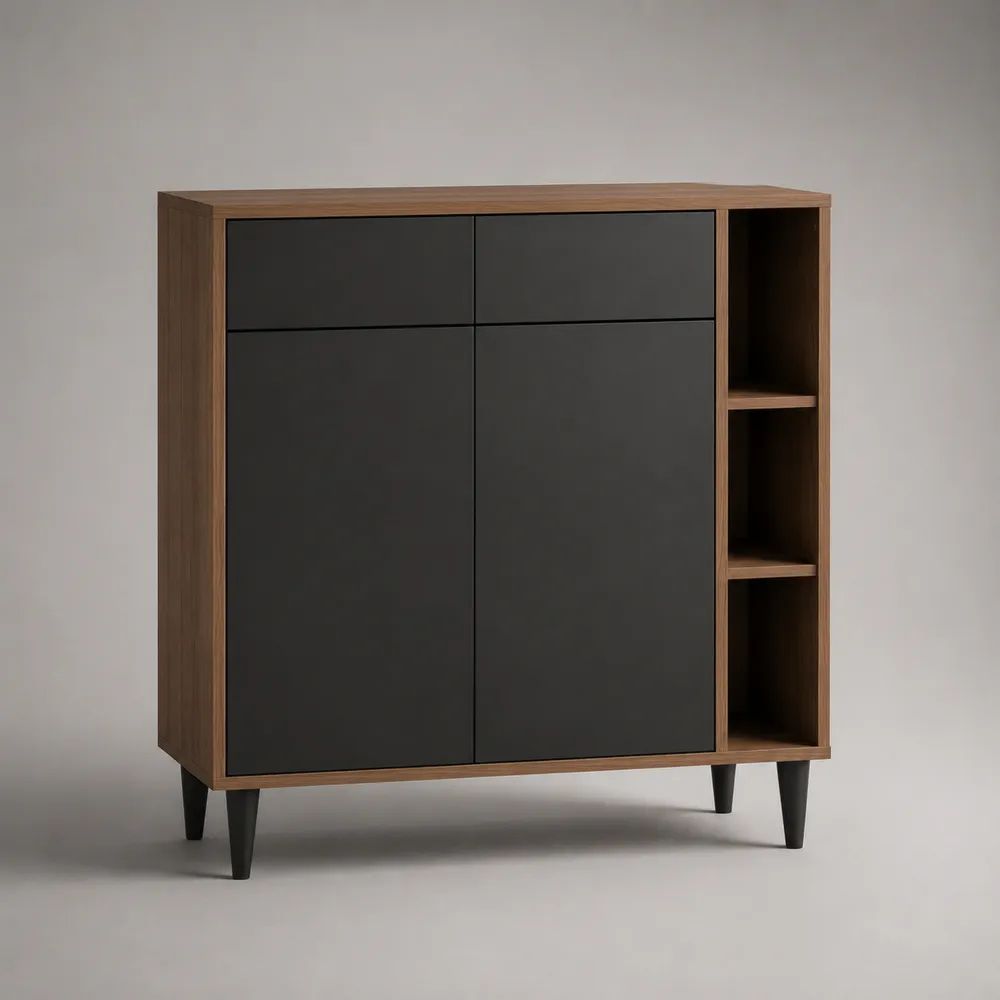 Credenza alta rettangolare in truciolare melaminico noce e nero con 2 ante, 2 cassetti e 3 vani aperti, 100 x 40 x 110 cm