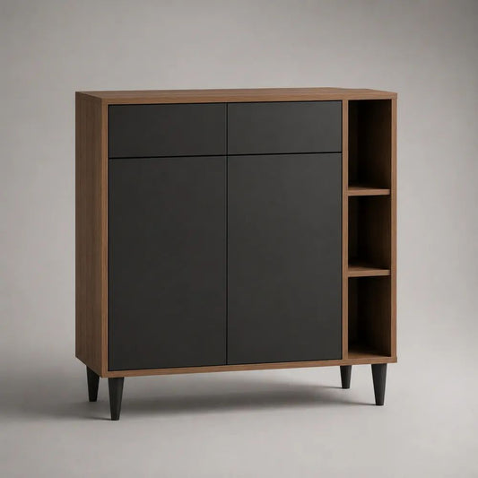 Credenza alta rettangolare in truciolare melaminico noce e nero con 2 ante, 2 cassetti e 3 vani aperti, 100 x 40 x 110 cm