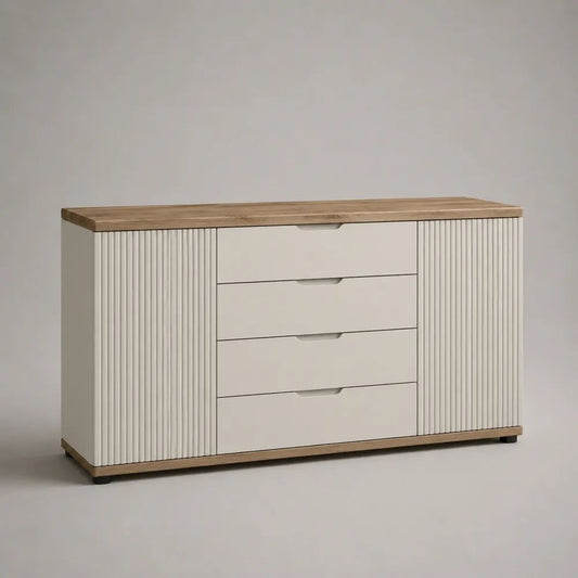 Credenza buffet bianca e rovere in MDF e pannello truciolare con 2 ante scanalate e 4 cassetti, 140 x 40 x 80 cm