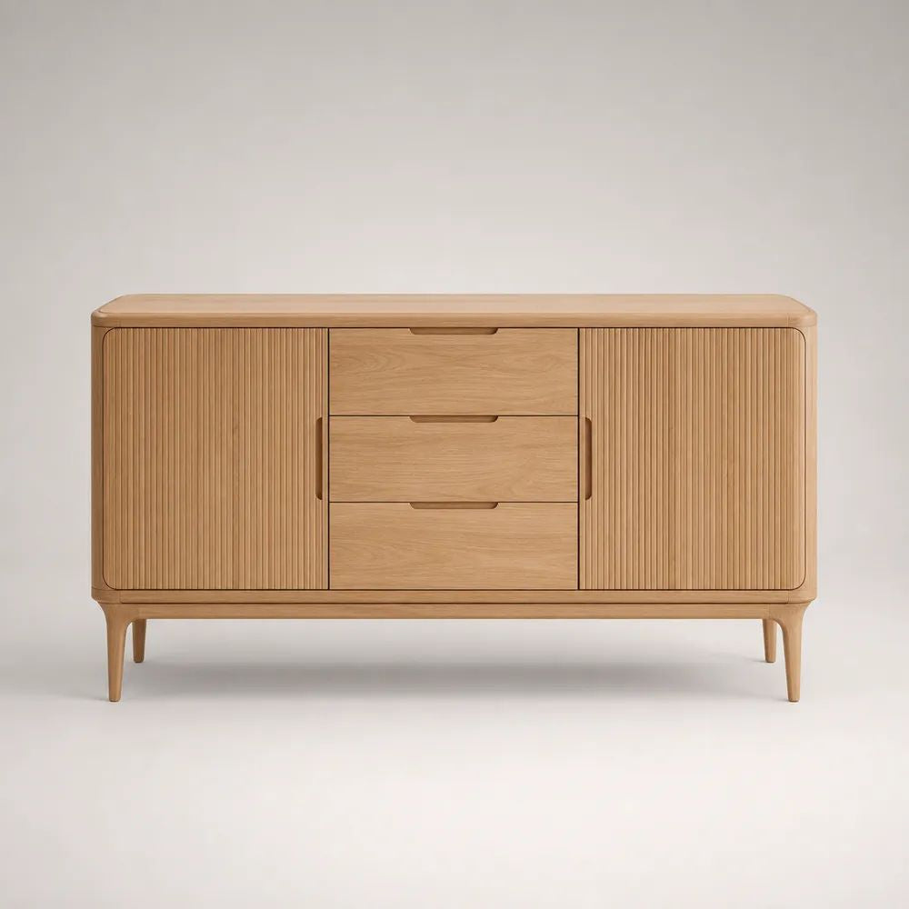 Credenza rettangolare in MDF impiallacciato in rovere con gambe in legno massello, rovere naturale, 160 × 42 × 80 cm