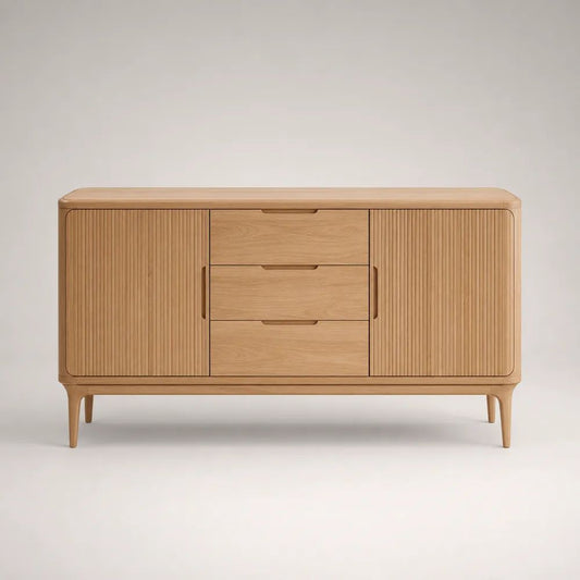 Credenza rettangolare in MDF impiallacciato in rovere con gambe in legno massello, rovere naturale, 160 × 42 × 80 cm