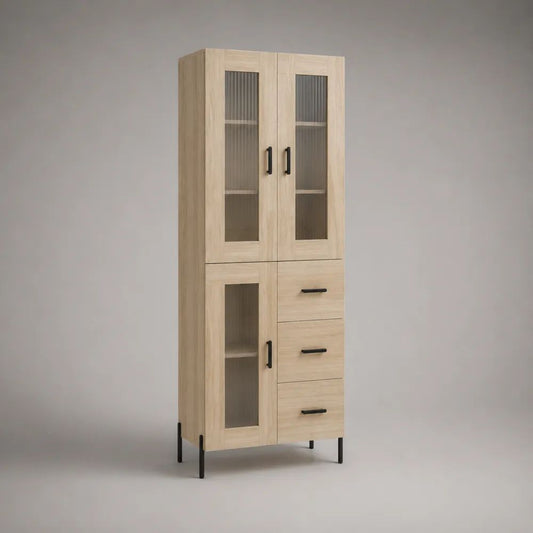 Credenza vetrina rettangolare da interno con 3 ante e 3 cassetti in legno, metallo e vetro, rovere chiaro, nero e grigio fumé, 80 × 40 × 180 cm