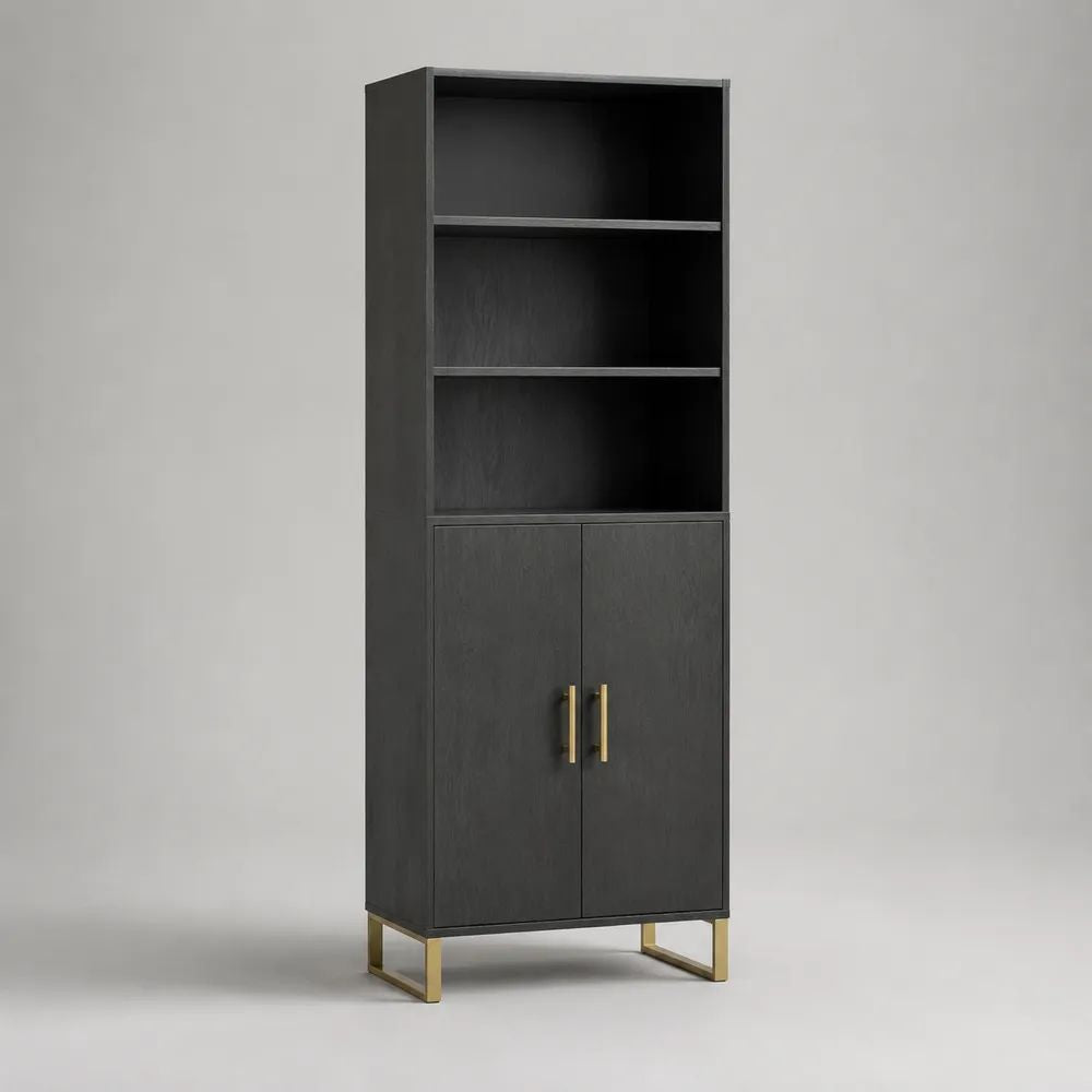 Credenza alta rettangolare con scaffale in legno nero e gambe in metallo dorato, 70 x 35 x 190 cm