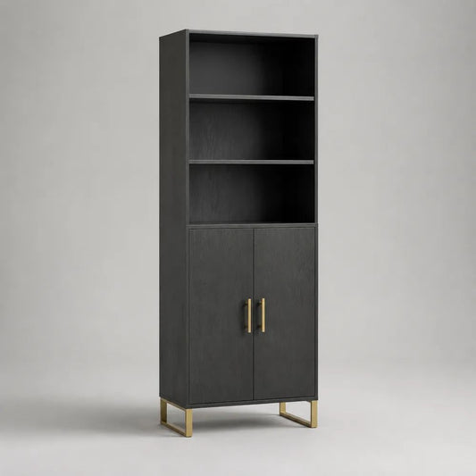 Credenza alta rettangolare con scaffale in legno nero e gambe in metallo dorato, 70 x 35 x 190 cm
