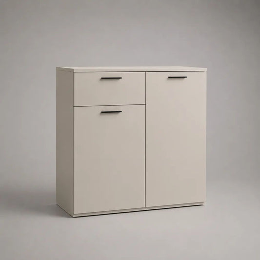 Credenza contenitore in pannello truciolare melaminico beige con maniglie nere, 2 ante e 1 cassetto, 80 × 35 × 85 cm