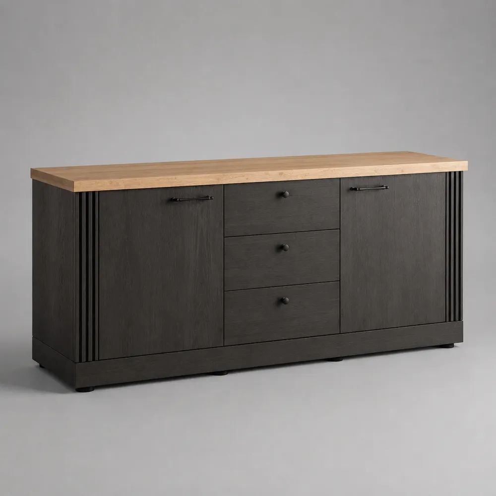 Credenza in MDF impiallacciato rovere con 3 cassetti e 2 ante, nero e rovere naturale, 180 x 45 x 85 cm