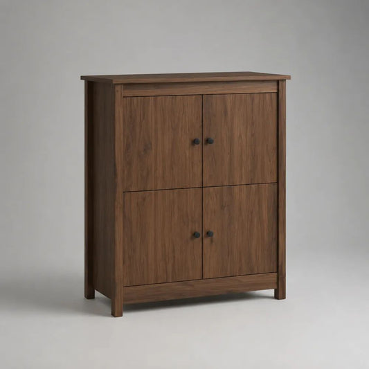 Credenza alta rettangolare in legno a 4 ante, marrone noce e nero, 90 × 35 × 110 cm