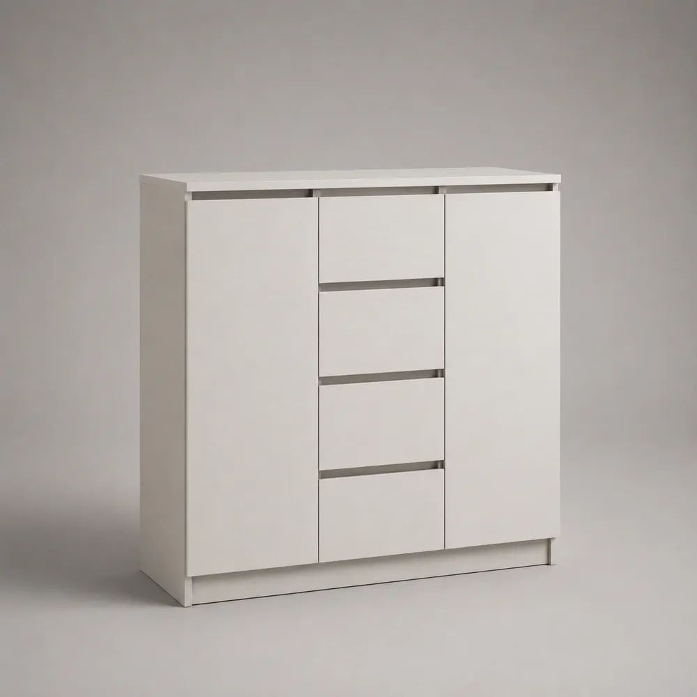 Credenza bianca opaca in truciolare melaminico con 2 ante e 4 cassetti, 100 × 35 × 110 cm