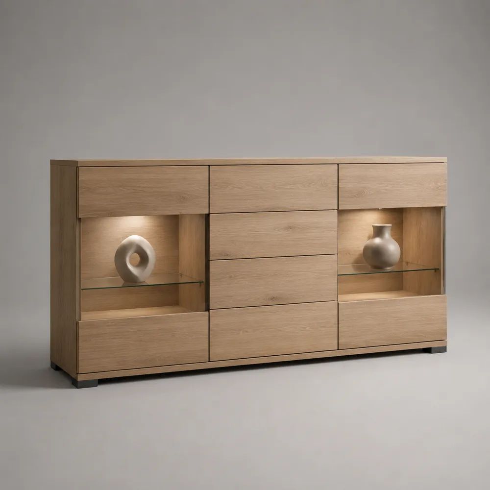 Credenza madia in pannello melaminico effetto rovere naturale con 4 ante, 4 cassetti, ripiani in vetro e illuminazione LED, 180 x 42 x 100 cm
