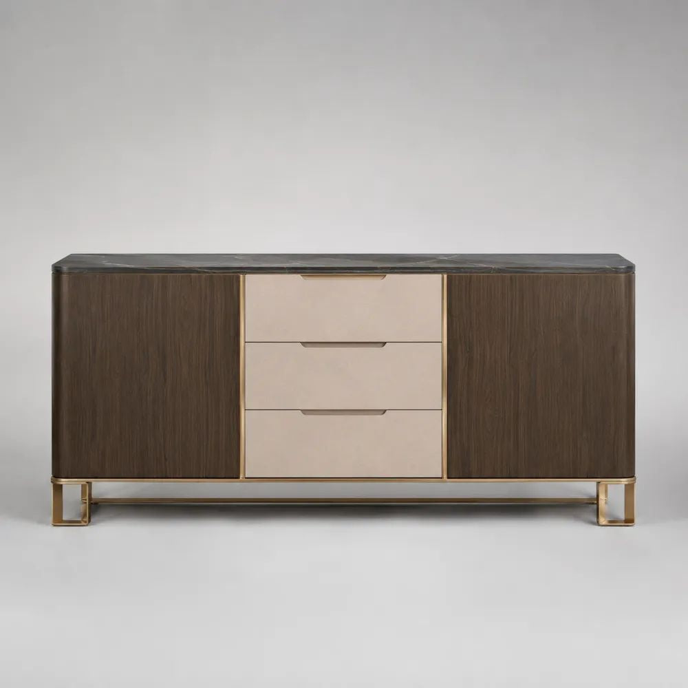 Credenza rettangolare in legno e metallo con piano effetto marmo, 2 ante e 3 cassetti, marrone noce, beige, oro e grigio scuro, 180 x 45 x 82 cm