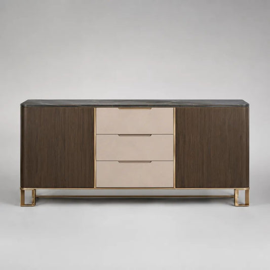 Credenza rettangolare in legno e metallo con piano effetto marmo, 2 ante e 3 cassetti, marrone noce, beige, oro e grigio scuro, 180 x 45 x 82 cm