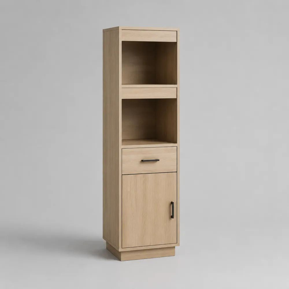 Mobile dispensa alto rettangolare in truciolare melaminico rovere chiaro e nero con 2 vani, 1 cassetto e 1 anta, 45 x 40 x 180 cm
