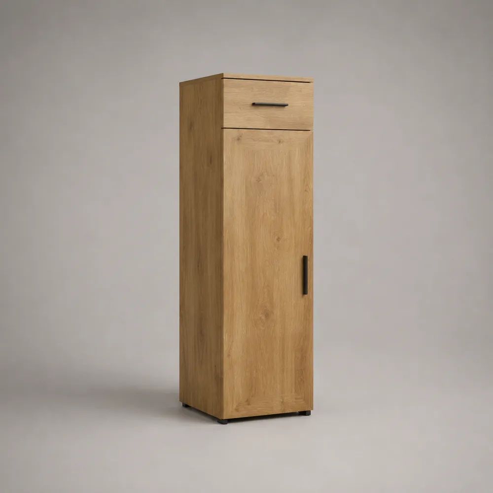 Mobile dispensa alto in truciolare melaminico con 1 anta e 1 cassetto, rovere naturale e nero, 40 x 35 x 150 cm