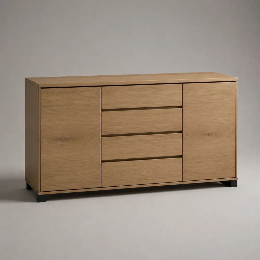 Credenza rettangolare in legno e acciaio con 2 ante e 4 cassetti, rovere naturale e nero, 150 × 40 × 85 cm