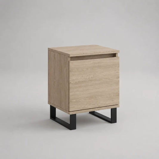 Comodino rettangolare con anta in truciolare melaminico effetto rovere naturale e gambe in acciaio nero, 40 x 35 x 60 cm