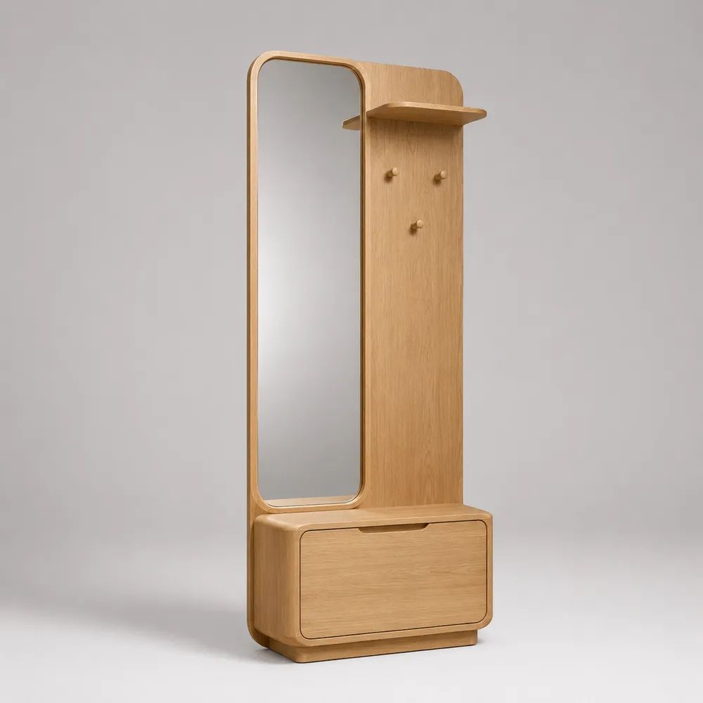 Mobile da ingresso in legno con specchio, appendiabiti, ripiano e cassetto, rovere naturale, 75 x 35 x 190 cm
