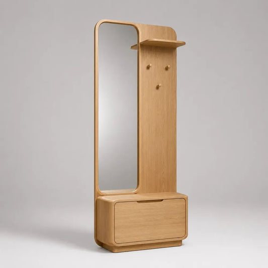 Mobile da ingresso in legno con specchio, appendiabiti, ripiano e cassetto, rovere naturale, 75 x 35 x 190 cm