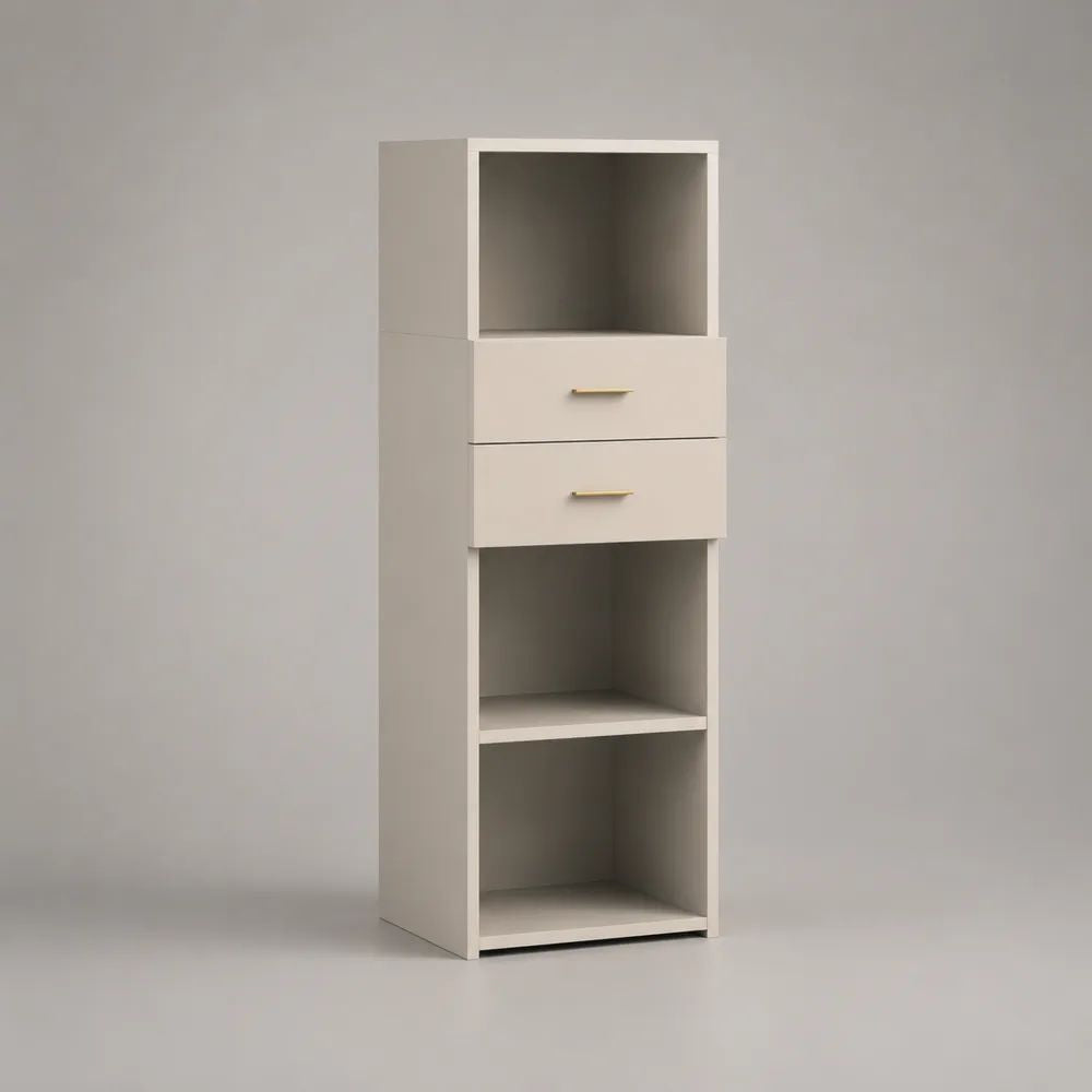 Credenza alta rettangolare in legno con 2 cassetti e 3 vani aperti, bianco e oro, 45 x 35 x 150 cm