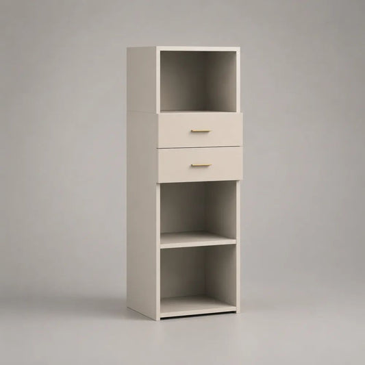 Credenza alta rettangolare in legno con 2 cassetti e 3 vani aperti, bianco e oro, 45 x 35 x 150 cm