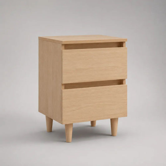 Comodino rettangolare in legno con 2 cassetti, effetto rovere naturale, 40 × 35 × 65 cm