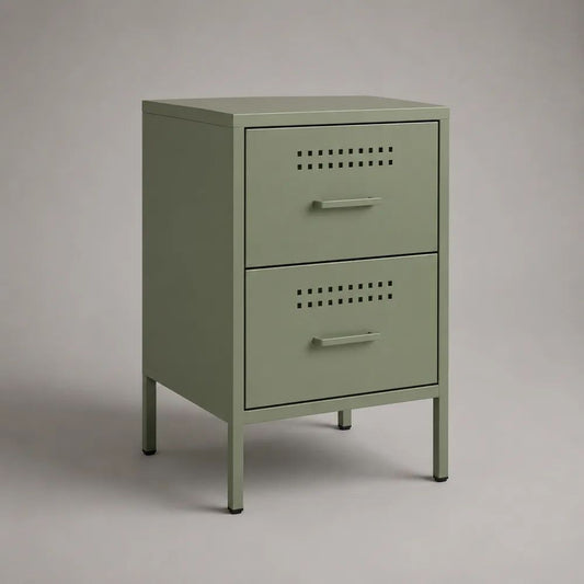 Comodino rettangolare in acciaio con 2 cassetti, verde oliva, 40 x 35 x 65 cm