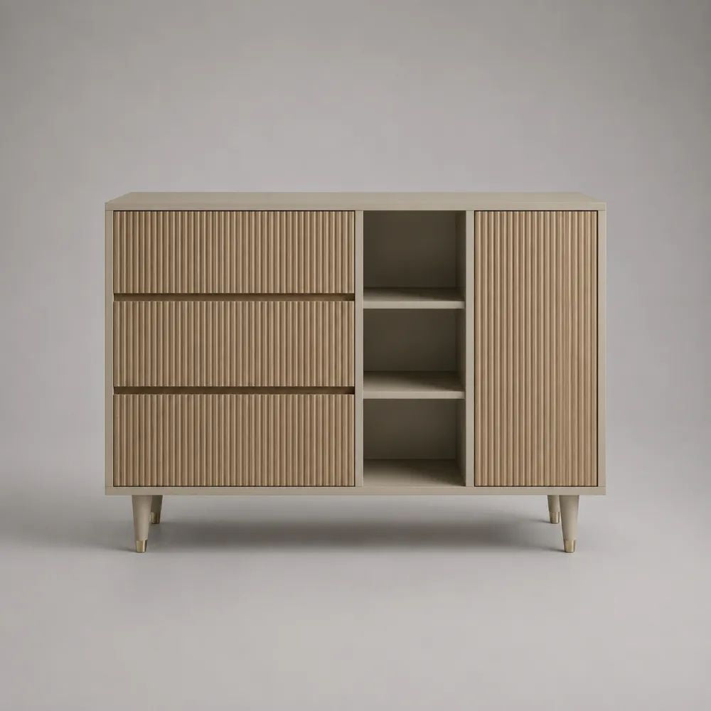 Credenza rettangolare beige in MDF e truciolare con 3 cassetti, 3 vani aperti e 1 anta, 120 × 40 × 90 cm