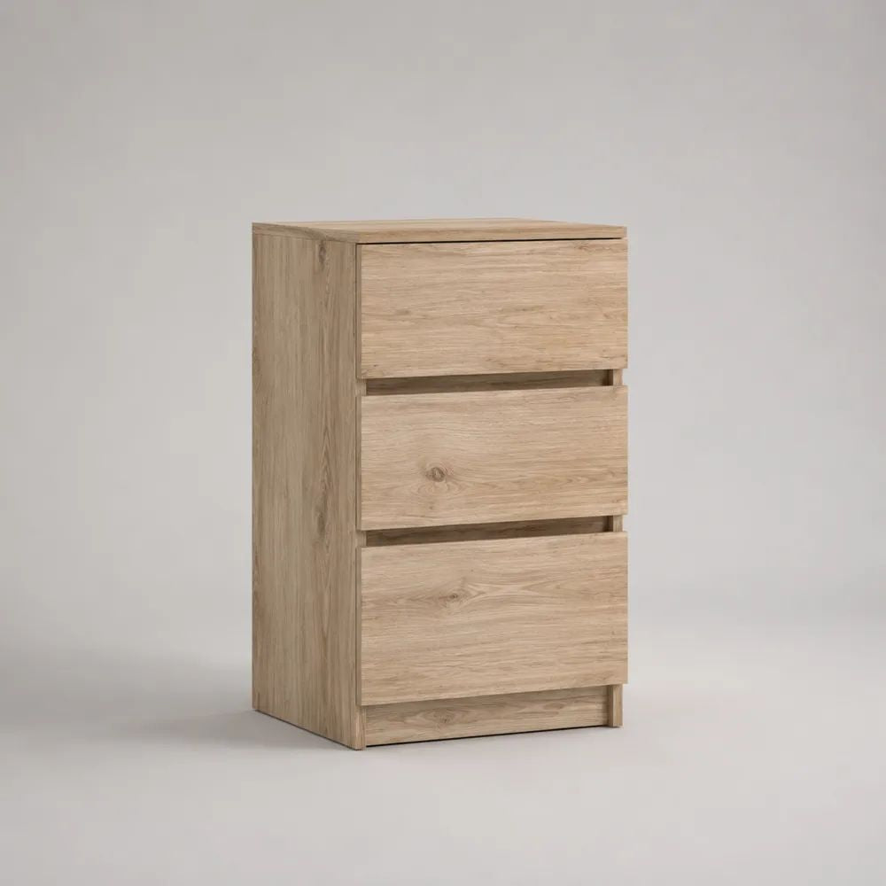 Comodino rettangolare in legno con 3 cassetti, rovere naturale, 40 x 35 x 65 cm