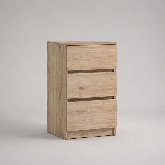 Comodino rettangolare in legno con 3 cassetti, rovere naturale, 40 x 35 x 65 cm