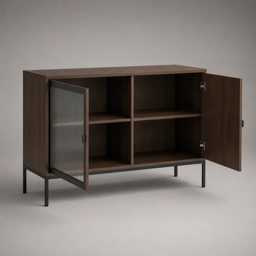 Credenza rettangolare a 2 ante in legno e vetro con gambe in acciaio, marrone noce e nero, 120 × 40 × 80 cm