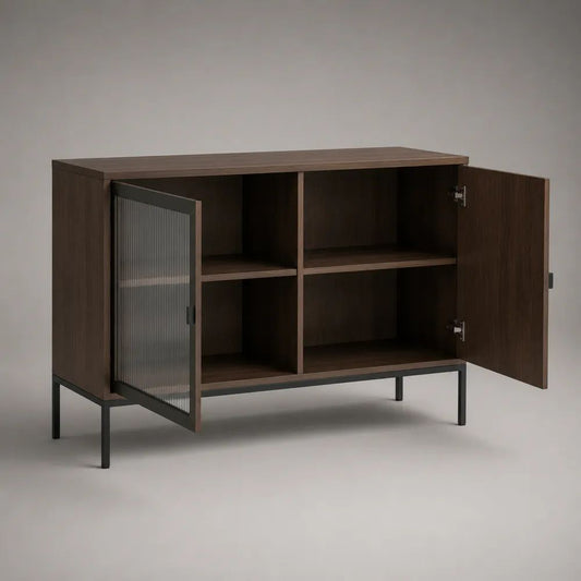 Credenza rettangolare a 2 ante in legno e vetro con gambe in acciaio, marrone noce e nero, 120 × 40 × 80 cm