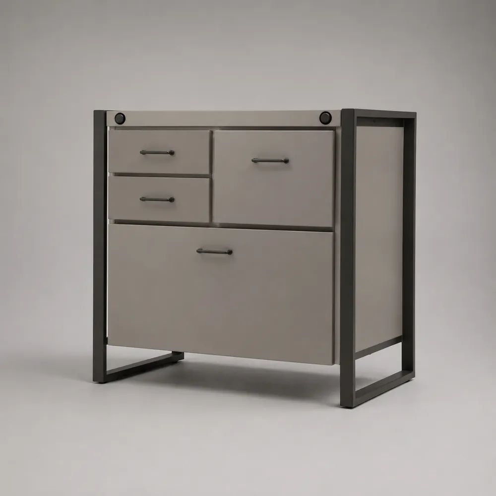 Credenza rettangolare in MDF e acciaio con 2 cassetti e 2 ante, grigio tortora e antracite, 90 x 40 x 90 cm