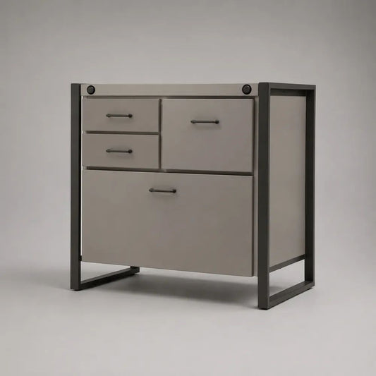 Credenza rettangolare in MDF e acciaio con 2 cassetti e 2 ante, grigio tortora e antracite, 90 x 40 x 90 cm