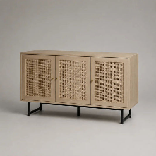 Credenza a 3 ante in MDF e rattan con telaio in acciaio, rovere naturale/nero/ottone, 140 × 40 × 80 cm