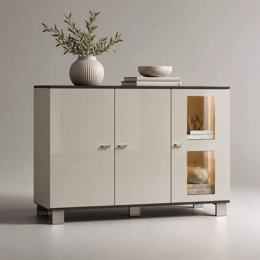 Credenza buffet rettangolare in pannello truciolare melaminico beige e nero, 3 ante e 2 vani illuminati, 140 x 40 x 90 cm