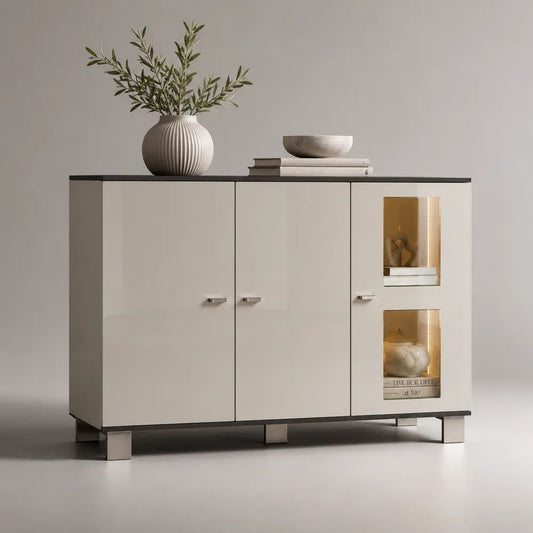 Credenza buffet rettangolare in pannello truciolare melaminico beige e nero, 3 ante e 2 vani illuminati, 140 x 40 x 90 cm