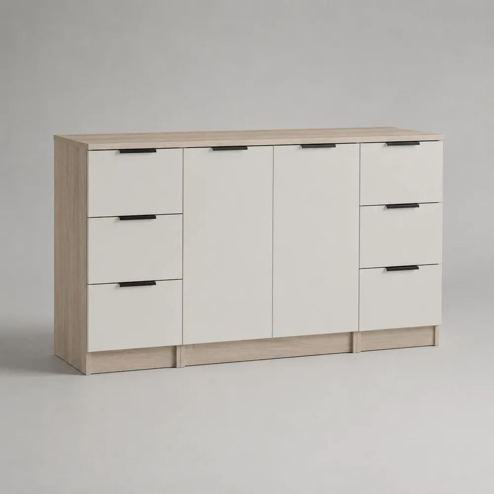 Credenza in pannello truciolare con 2 ante e 6 cassetti, bianco e rovere chiaro, 160 x 40 x 90 cm